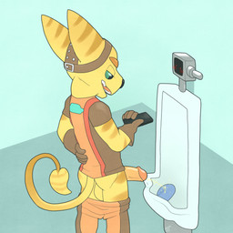 anthro backsack balls blush bodily_fluids bottomwear bottomwear_down cellphone clothed clothing electronics genital_fluids genitals gloves green_sclera handwear hat headgear headwear humanoid_genitalia humanoid_penis jacket machine male male_peeing open_mouth pants pants_down partially_clothed peeing penis phone solo standing topwear urinal urine urine_stream argon_vile ratchet_and_clank sony_corporation sony_interactive_entertainment ratchet_(ratchet_and_clank) lombax mammal robot 1:1 hi_res