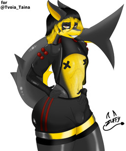 anthro big_butt black_body breasts bulge butt clothing femboy gold_body legwear male nipple_tape pasties small_breasts solo tape thick_thighs thigh_highs yuffet aquatic fish shark 5:6 absurd_res hi_res