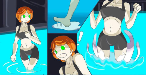 black_clothing breasts clothing exclamation_point female goo_transformation hair lake latex latex_clothing latex_skinsuit orange_hair skinsuit slime tight_clothing transformation water white_body yellow_eyes giygas_nator changed_(video_game) squid_dog_(changed) goo_creature human mammal
