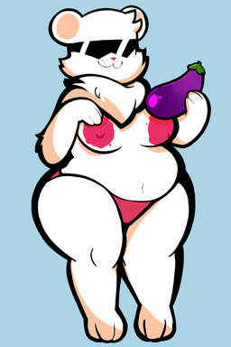 anthro areola big_breasts blotchy_areola breasts cheek_tuft clothing crossgender eggplant eyewear facial_tuft female food front_view fruit holding_object mtf_crossgender nipples panties pink_clothing pink_nipples plant solo sunglasses thick_thighs tuft underwear white_body heyomaerow ice_climber polar_bear_(ice_climber) bear mammal 2:3 absurd_res hi_res