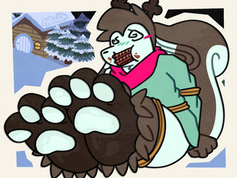 3_toes anthro antlers blue_body blue_fur blue_pawpads brown_body brown_fur brown_hair building candy chocolate clothed clothed_anthro clothing dessert evergreen_tree feet food food_in_mouth foot_focus fur hair horn house kerchief neckerchief neckwear pawpads paws pine_tree pink_kerchief pink_neckerchief plant rabbit_ears solo spiral spiral_eyes squirrel_tail toes tree patugh deer hybrid lagomorph leporid mammal rabbit rodent sciurid tree_squirrel 4:3 hi_res female_(lore)