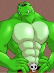 abs anthro athletic belt biceps big_muscles biped bone bottomwear brown_background clothed clothing eye_patch eyewear fangs grin male muscular muscular_anthro muscular_male pants pecs pose scales shorts simple_background skull smile solo standing teeth topless lift_nail_(pixiv) donkey_kong_(series) nintendo klubba crocodilian kremling reptile scalie 3:4 hi_res