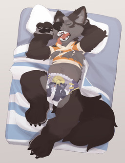 anthro bed bedding biped blanket cheek_tuft chest_tuft claws clean_diaper clothed clothing diaper eyebrows eyes_closed facial_tuft fangs feet fingers fur furniture hoodie inner_ear_fluff lying male on_back on_bed open_mouth pawpads paws pillow plantigrade simple_background sleeping solo tail teeth toes tongue tongue_out topless topwear torn_clothing tuft wearing_diaper young seth-iova mythology three_wolf_moon oswald_(seth-iova) canid canine canis mammal mythological_canine mythological_creature werecanid werecanine werecreature werewolf wolf 2022 colored digital_media_(artwork) hi_res