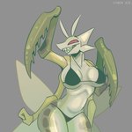 4_arms antennae_(anatomy) anthro big_breasts bikini breasts clothing female green_body multi_arm multi_limb red_eyes sharp_teeth simple_background solo swimwear teeth thick_thighs two-piece_swimsuit wide_hips wings cyber_d1e pamela_(cyber_d1e) arthropod insect mantis 1:1 absurd_res hi_res