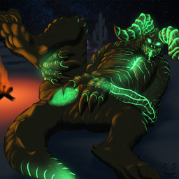 ambiguous_gender andromorph anus campfire clitoris feet female feral genitals glowing glowing_body glowing_genitalia glowing_vulva holding_leg intersex looking_at_viewer lying on_back presenting presenting_anus presenting_vulva raised_leg solo spread_legs spread_vulva spreading tongue tongue_out unusual_anatomy unusual_genitalia unusual_vulva vulva corinoch_(artist) bethesda_game_studios fallout microsoft deathclaw glowing_deathclaw scalie 1:1 hi_res
