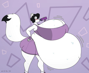 anthro belly big_belly big_breasts black_hair blue_eyes blush bodily_fluids bottle bottomwear breasts butt clothing container copyright_symbol drinking female fingerless_gloves footwear fur gloves hair handwear huge_belly huge_breasts hyper hyper_belly hyper_breasts hyper_pregnancy navel outie_navel pregnant shoes sneakers solo sweat symbol thick_thighs topwear water_bottle white_body white_fur satsumalord nicole_(satsumalord) arctic_fox canid canine fox mammal true_fox 2025 digital_media_(artwork) hi_res