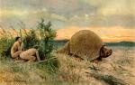 black_hair butt group hair hunting male melee_weapon nude outside polearm spear tribal weapon heinrich_harder armadillo glyptodon glyptodont human mammal prehistoric_species xenarthran 1916 20th_century ancient_art traditional_media_(artwork)