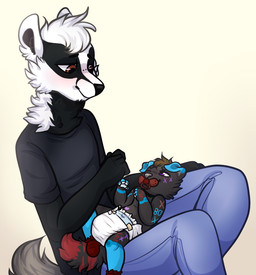 ambiguous_gender anthro blush clean_diaper clothed clothing diaper duo fur hair lying markings object_in_mouth pacifier pacifier_in_mouth shirt simple_background sitting text topwear wearing_diaper young young_anthro monsterbunny badger mammal mustelid musteline 2017 archived_source digital_drawing_(artwork) digital_media_(artwork)