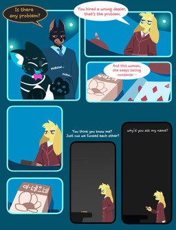 anthro black_body black_fur bodily_fluids bow_tie breasts brown_body brown_fur card cigarette_box clothing coat dialogue dress female fur group male meow necktie nervous nervous_sweat pawpads paws playing_card red_eyes small_breasts suit sweat text topwear trenchcoat trio yellow_body yellow_eyes yellow_fur hydrabb canid canine canis dobermann domestic_cat domestic_dog felid feline felis lagomorph leporid mammal pinscher rabbit absurd_res comic english_text hi_res lineless