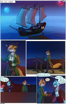 anthro antlers ballista blue_body blue_fur clothed clothing dialogue duo fantasy fur greeting hair horn male moon night note open_mouth orange_body orange_fur outside pencil_(object) pirate sea ship siege_weapon singing sky smile speech_bubble star surprised tail text two_moons vehicle water watercraft weapon welcoming white_body white_fur marii_takamiya haiy jin_volg_(lobynx) canid canine canis deer felid feline felis fox hybrid lynx mammal wolf 9:14 absurd_res comic digital_media_(artwork) english_text hi_res andromorph_(lore)