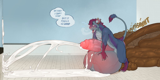 4_toes 5_fingers accident anthro anus balls bathroom big_balls big_penis blue_body blue_fur blue_tail bodily_fluids breath claws cum cum_on_wall cumshot dialogue digitigrade drooling ear_piercing ejaculation erection excessive_cum excessive_feces excessive_genital_fluids feces feces_on_ground feces_pile feces_splatter feet fingers fur genital_fluids genitals grey_body grey_fur hands-free huge_balls huge_penis hyper hyper_balls hyper_feces hyper_genitalia hyper_penis leaning_on_self male maroon_fur maroon_hair maroon_tail nipples onomatopoeia open_mouth orgasm panting penis piercing pink_anus pooping purple_body purple_fur purple_tail raised_tail saliva saliva_on_penis shower simple_background solo sound_effects speech_bubble standing tail text toes toilet tongue tongue_out uncontrolled_orgasm vein veiny_balls veiny_penis stinkybuns hybrid english_text hi_res