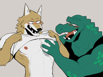anthro blush chest_grab clothed clothing clothing_lift drunk duo fur hand_on_pecs male pec_grab pecs shirt shirt_lift simple_background smile substance_intoxication topwear white_background k0bit0wani canid canine crocodilian mammal reptile scalie 2021 4:3 hi_res
