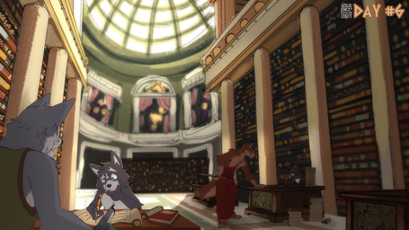 anthro blue_eyes bodily_fluids book book_stack clothing desk eyewear female fur furniture glasses green_clothing grey_body grey_fur group holding_object holding_pen library male pen pillar red_body red_clothing red_fur robe scroll sculpture statue studying sweat table teacher teaching young young_anthro young_female young_male soradezwolfox adastra adastra_(series) echo_project amicus_(adastra) virginia_(adastra) canid canine canis mammal wolf 16:9 2024 hi_res widescreen