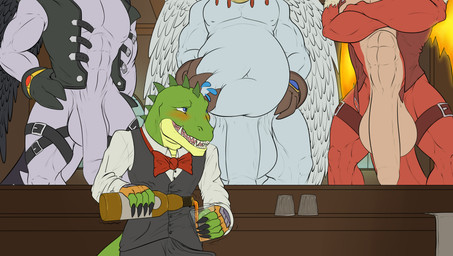 abs alcohol anthro balls bar bartender belly beverage big_balls big_belly big_penis blush bodily_fluids clothed clothing container crossed_arms cup foreskin genitals glass glass_container glass_cup group hand_on_belly hand_on_hip huge_balls huge_penis hyper long_penis male nervous nervous_smile nude pecs penis pub public public_nudity smile spread_legs spreading suit sweat sweatdrop teasing conditional_dnp samagthrav2 legendz mythology blaze_dragon dandy_(legendz) greedo_(legendz) ranshiin shiron crocodile crocodilian dragon mythological_creature mythological_scalie reptile scalie windragon absurd_res hi_res