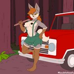 anthro axe bottomwear breasts clothed clothing duo female forest grass hair hand_on_hip humanoid_pointy_ears melee_weapon nipples outside plant pointy_ears ponytail pose shorts smile smirk solo suspenders topless torn_clothing tree truck weapon wide_hips yellow_eyes hocolatemilk lisa_(snivybatt) canid canine canis mammal wolf 1:1 hi_res pinup