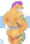 abstract_background anthro back_muscles barazoku big_butt black_nose bottomwear butt clothed clothing fangs fur furgonomics hair hands_on_hips loincloth male mostly_nude muscular muscular_anthro muscular_legs muscular_male nipples orange_body orange_fur pecs purple_hair rear_view red_eyes short_tail skimpy smile solo standing tail tattoo teeth thick_thighs topless underwear tylerstark terrance_(saberterranced) felid feline mammal prehistoric_species saber-toothed_tiger 2020 absurd_res hi_res