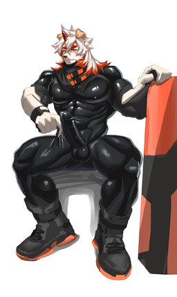 5_fingers anthro barazoku bodily_fluids bodysuit chair clothing dripping fingers floppy_ears footwear furniture genital_fluids genitals horn humanoid_genitalia humanoid_penis latex latex_clothing latex_skinsuit male muscular muscular_anthro muscular_male on_chair penis precum precum_drip precum_on_penis shield shoes simple_background sitting sitting_on_chair skinsuit solo tight_clothing unicorn_horn vein veiny_penis yejibudingzi arknights hypergryph studio_montagne hung_(arknights) canid canine canis domestic_dog mammal hi_res