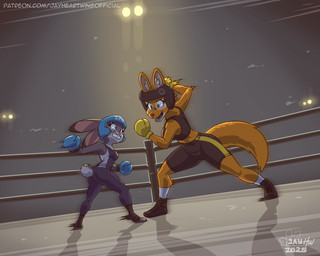 anthro boxing_gloves breasts butt clothing duo exercise female fight fighting_pose fighting_ring green_eyes handwear headgear motion_blur pose purple_eyes scut_tail short_tail tail text workout workout_clothing jayheartwing disney dreamworks the_bad_guys zootopia diane_foxington judy_hopps canid canine european_rabbit fox lagomorph leporid mammal oryctolagus rabbit 2025 5:4 artist_name hi_res url