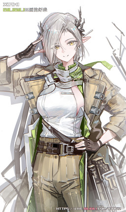 belt black_clothing black_gloves black_handwear bottomwear breasts clothing female fingerless_gloves gloves grey_hair hair handwear horn humanoid_pointy_ears jacket looking_at_viewer not_furry pants pointy_ears simple_background smile solo topwear white_background huade_xiami arknights hypergryph studio_montagne nasti_(arknights) humanoid 2025 absurd_res digital_media_(artwork) hi_res