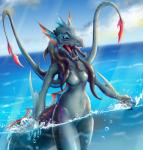 anthro bathing female nude open_mouth pseudo_hair sea small_waist solo tentacle_hair tentacles walking water victordantes scp_foundation scp-1128 marine sea_monster