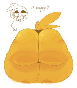 anthro big_butt butt butt_focus camel_toe cellulite disembodied_butt female female_anthro huge_butt makeup mascara narrowed_eyes rear_view running_makeup running_mascara simple_background solo tail text thick_thighs tongue tongue_out white_background yellow_body flakysalt roommates:motha cheeky_(roommates) avian bird chicken galliform phasianid english_text hi_res