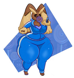 anthro black_sclera blowing_bubble_gum blue_background blue_bottomwear blue_clothing blue_pants blue_shirt blue_topwear blue_tracksuit bodily_fluids bottomwear breasts brown_ears brown_tail bubble_gum changing_color clothing cosplay crossover_cosplay eyebrows female holding_gum huge_thighs pants pink_eyes pink_inner_ear pink_nose scut_tail shirt short_tail simple_background solo sweat sweatdrop tail tan_ears tan_eyebrows thick_thighs three-quarter_view topwear tracksuit turning_blue white_background worried disco_chaos charlie_and_the_chocolate_factory nintendo pokemon generation_4_pokemon lagomorph leporid lopunny mammal pokemon_(species) rabbit 2022 colored crossover digital_media_(artwork) hi_res shaded