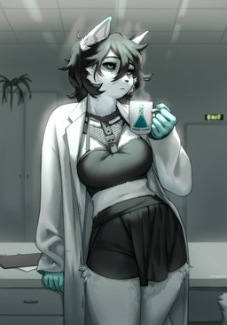 5_fingers anthro beverage black_bottomwear black_clothing black_topwear bottomwear ceiling clothing counter female fingers hair holding_object inside midriff topwear wall_(structure) white_clothing white_topwear spuydjeks lyra_(lyra~floof) arctic_fox canid canine fox mammal true_fox 2023 hi_res