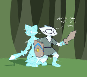 4_toes anthro black_nose blue_body blue_fur bodily_fluids bottomwear clone clothing dialogue dipstick_tail duo feet fluffy fluffy_tail forest frown fur grey_bottomwear grey_clothing grey_topwear holding_melee_weapon holding_object holding_shield holding_sword holding_weapon ice ice_sword male markings melee_weapon multicolored_tail nervous no_pupils outside plant shaking shield shirt standing sweat sweatdrop sword tail tail_markings text toes topwear tree trembling tunic weapon white_body white_eyes white_fur mrdegradation jewish_mythology mythology arctic_fox canid canine elemental_creature fox ice_creature mammal mineral_fauna mythological_creature mythological_golem true_fox 2020 english_text