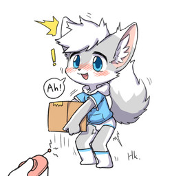 :3 anthro bent_legs big_ears blue_eyes blush blush_lines box bulge cardboard cardboard_box cardboard_container clothed clothing container controller crouching cute_fangs exclamation_point extended_arms fangs footwear hidden_sex_toy hidden_vibrator holding_box holding_container holding_object legs_together legwear male open_:3 open_mouth open_smile remote_control remote_controlled_vibrator sex sex_toy sex_toy_under_clothing shota simple_background smile socks teeth toying_partner underwear vibrator young young_anthro young_male choreuny coke_(colawolf7) canid canine mammal hi_res