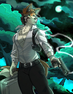anthro belt black_bottomwear black_clothing black_nose black_pants bottomwear briefcase brown_body brown_fur cheek_tuft chest_tuft cigarette cigarette_in_mouth clock clothed clothed_male clothing cloud collared_shirt depression dress_shirt facial_tuft fully_clothed fully_clothed_male fur glowing green_eyes green_sky gun hair holding_gun holding_object holding_ranged_weapon holding_weapon holster inner_ear_fluff looking_aside male moon neck_tuft night object_in_mouth pants pecs plant ranged_weapon red_body red_fur red_hair shirt short_hair sky smoke solo text topwear tree tuft watch weapon whisker_spots white_body white_dress_shirt white_fur thesketchfox canid canine canis mammal red_wolf wolf 2025 absurd_res artist_name hi_res
