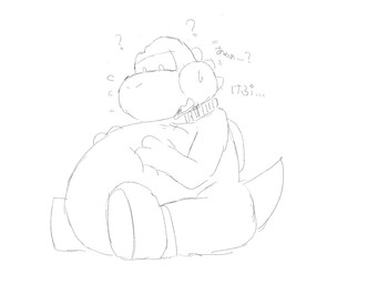 ambiguous_feral ambiguous_gender ambiguous_pred belly belly_on_ground belly_squish big_belly big_nose biped bloated bodily_fluids clothing confusion expansion feral footwear frown hand_on_belly hand_on_own_belly head_spikes huge_belly looking_at_belly looking_at_own_belly looking_at_self looking_down looking_down_at_belly looking_down_at_self monotone_background narrowed_eyes open_frown open_mouth oral_vore question question_mark round_nose same_size_vore semi-anthro shoes side_view simple_background sitting sitting_on_ground soft_vore solo spikes spikes_(anatomy) squish sweat sweatdrop tapering_tail text thigh_expansion unseen_prey vore weight_gain white_background sabamiso_(sabamasasix) mario_bros nintendo dinosaur prehistoric_species reptile scalie yoshi 2019 4:3 digital_drawing_(artwork) digital_media_(artwork) greyscale guide_lines hi_res japanese_description japanese_text monochrome sketch translation_request