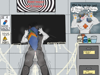 against_surface anthro bent_over blush blush_lines bodily_fluids butt cum cum_inside ejaculation genital_fluids genitals hands-free hypnosis laboratory male male/male mind_control musk musky_anus on_glass penis rodrikrat spread_legs spreading submissive canid canine canis mammal wolf