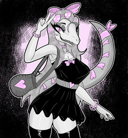 abstract_background accessory anthro big_breasts black_clothing black_dress black_legwear black_thigh_highs bow_ribbon bracelet breasts clothed clothed_anthro clothed_female clothing dress female fingers front_view gesture grey_hair hair hair_accessory hair_bow hair_ribbon hand_gesture humanoid_hands jewelry legwear long_hair long_tail looking_at_viewer markings necklace non-mammal_breasts open_mouth open_smile pink_bow pink_eyes purse ribbons smile solo striped_markings stripes tail thigh_highs v_sign gothgator0 tiffany_(gothgator0) dinosaur prehistoric_species reptile saurischian scalie theropod tyrannosaurid tyrannosauroid tyrannosaurus tyrannosaurus_rex absurd_res hi_res pink_theme portrait three-quarter_portrait