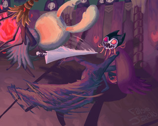 2_horns 5_fingers ambiguous_gender battle biped cloak clothing duo_focus fight fingers group holding_melee_weapon holding_object holding_weapon horn lamp lantern melee_weapon motion_lines nail_(weapon) open_mouth red_eyes shadow sharp_teeth teeth text weapon falsejack hollow_knight_(franchise) team_cherry grimm_(hollow_knight) the_knight_(hollow_knight) arthropod vessel_(species) 2024 5:4 artist_name english_text hi_res