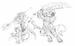 4_ears action_pose anthro armor bone charr claws clothing dagos duo fangs felid female fighting_pose flat_chested fluffy fluffy_tail fur glaive guild_wars hi_res horn male mammal mane melee_weapon multi_ear open_mouth polearm pose simple_background skull sword tail teeth weapon