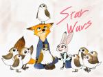 anthro badge clothing female fur green_eyes male necktie police police_uniform purple_eyes text uniform mitsuharu disney star_wars zootopia judy_hopps nick_wilde alien avian canid canine fox lagomorph leporid mammal porg rabbit red_fox true_fox 2017 4:3 crossover english_text hi_res