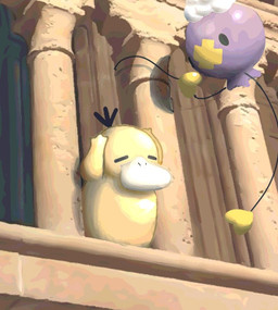ambiguous_gender anthro column duo eyes_closed purple_body yellow_body watawatakuro nintendo pokemon drifloon generation_1_pokemon generation_4_pokemon pokemon_(species) psyduck spirit 2025
