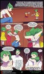2020 baby bandage belt bottomwear child circus circus_tent clothed clothing comic dialogue dress english_text facial_hair female footwear geralt_(sirgallade) gina_(sirgallade) grant_(sirgallade) green_hair group hair hi_res human human_only legwear male mammal matemi motion_lines multicolored_hair mustache not_furry onesie pants pigtails red_eyes shirt shoes sir_gallade socks sundress text topwear two_tone_hair young
