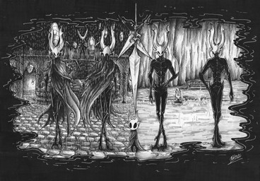 ambiguous_gender bench biped black_body black_eyes brick_floor clothed clothing detailed_background empty_eyes featureless_crotch front_view group horn hot_spring lamp lantern melee_weapon nude outside partially_submerged raining rear_view sculpture standing statue text water weapon xdunkelseelex hollow_knight_(franchise) team_cherry fan_character arthropod vessel_(species) 2026 absurd_res english_text hi_res monochrome