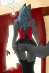 anthro bedroom blue_hair blue_pussy bottomless butt clothed clothing corset female genitals hair lace legwear lingerie pussy solo stockings topwear emma278 emma_(emma278) canid canine canis mammal wolf 2014 hi_res