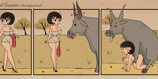 ambiguous_penetration balls bestiality big_breasts breasts clothing doggystyle eyes_closed female female_on_feral feral footwear footwear_only from_behind_position genitals grass_field group high_heels high_heels_only looking_pleasured male male/female mostly_nude nipples nude penetration sex shoes text tongue tongue_out trio wide_hips the_dirty_mind jucika jucika_(character) bovid bovine cattle human mammal absurd_res comic english_text hi_res