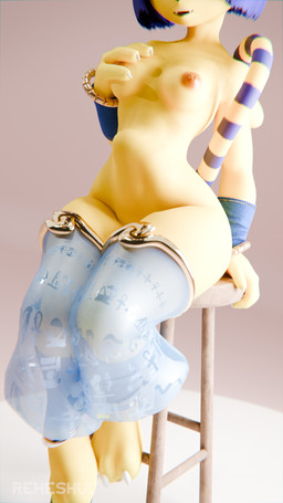 4_fingers abdominal_bulge anthro blue_hair bottomless bracelet breasts clothed clothing feet female fingers furniture hair hand_on_breast jewelry markings nipples pose simple_background smile solo stool striped_markings striped_tail stripes tail tail_markings teeth topless translucent translucent_clothing yellow_body reheshul warfaremachine_(modeler) animal_crossing nintendo ankha_(animal_crossing) domestic_cat felid feline felis mammal 9:16 hi_res pinup