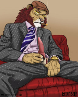 anatomically_correct anatomically_correct_genitalia anatomically_correct_penis animal_genitalia animal_penis anthro business_suit cigar classy claws clock clothed clothing erection feline_genitalia feline_penis flat_cap genitals gentleman hat headgear headwear looking_at_viewer male mane necktie pattern_clothing penile_spines penis penis_poking_out penis_through_fly pinstripes smoke smoking solo striped_clothing stripes suit unprofessional_behavior watch tarolyon mr._smoke felid lion mammal pantherine