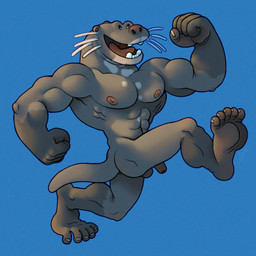 abs anthro athletic brown_body brown_fur feet flaccid foreskin fur genitals happy humanoid_feet male muscular muscular_male nipples pecs penis pink_nipples plantigrade running silly_pose simple_background small_eyes small_penis smile soles solo tail unretracted_foreskin whiskers ravuer mammal mustelid otter 1:1 hi_res
