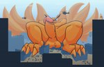 anthro balls bodily_fluids city city_background city_crushing city_destruction destruction erection genitals humanoid_genitalia humanoid_penis lying_on_ground macro male on_ground penis tail asdf16 naruto naruto_shippuden kurama canid canine fox mammal tailed_beast hi_res