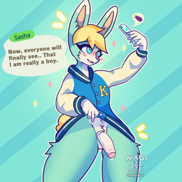 5_fingers abstract_background anthro balls blonde_hair blue_body blue_eyes blue_fur blush bodily_fluids bottomless cellphone clothed clothing clothing_lift dialogue electronics erection eyelashes femboy fingers foreskin fur genital_fluids genitals hair header header_box holding_cellphone holding_object holding_phone humanoid_genitalia humanoid_penis jacket male no_underwear open_mouth penis phone pink_nose precum selfie smile solo standing text text_header topwear white_body white_fur nagifur animal_crossing nintendo sasha_(animal_crossing) lagomorph leporid mammal rabbit 1:1 2021 absurd_res digital_media_(artwork) english_text hi_res shaded signature