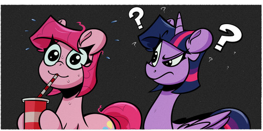 alternate_hairstyle bodily_fluids border container cup disposable_cup drinking duo female feral horn question_mark simple_background sweat white_border wings la_hum friendship_is_magic hasbro my_little_pony mythology pinkie_pie_(mlp) twilight_sparkle_(mlp) earth_pony equid equine horse mammal mythological_creature mythological_equine pony winged_unicorn
