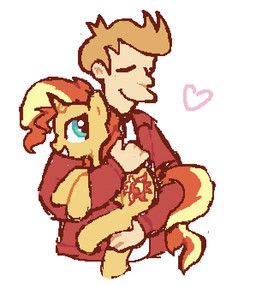 clothing duo eyes_closed female hair heart_symbol horn hug jacket male orange_body orange_hair red_clothing red_jacket red_topwear simple_background smile topwear white_background toaestt comedy_central equestria_girls futurama hasbro my_little_pony mythology philip_j._fry sunset_shimmer_(eg) equid equine human mammal mythological_creature mythological_equine unicorn crossover