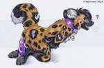 anthro black_pawpads blue_eyes bodily_fluids claws collar cum cum_in_ass cum_inside dildo dipstick_tail fur genital_fluids grey_claws heart_symbol male markings pawpads purple_collar purple_dildo sex_toy solo tail tail_markings teeth white_tail_tip yellow_body yellow_fur yellow_tail kashmere african_wild_dog canid canine mammal