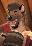 alcohol anthro beverage black_eyebrows black_nose brown_body brown_fur brown_hair clothed clothing eyebrows eyes_closed fur hair humanoid_hands laugh male markings open_mouth red_clothing solo spots spotted_body spotted_fur ixkouu gnoll hyena mammal 2021 hi_res